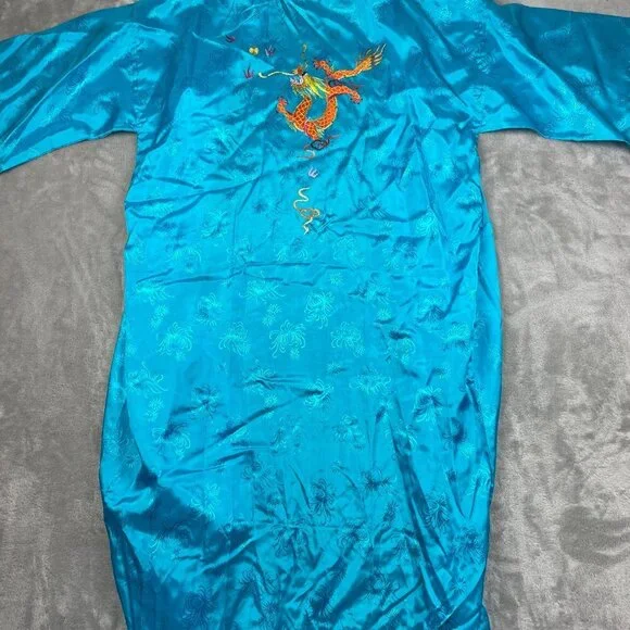 Vintage Golden Bee Teal Blue Chinese Kimono Robe Dress Women's Large - Picture 9 of 10